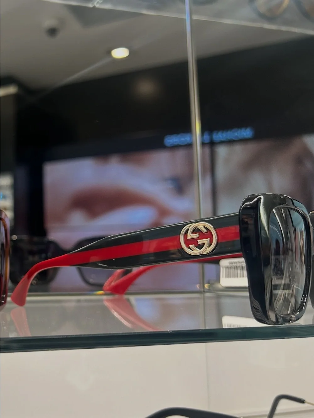Gucci Men’s Black & Red Square Logo Eyeglasses with Gold Emblem